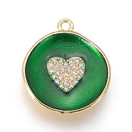 Golden Plated Brass Micro Pave Cubic Zirconia Pendants, with Enamel, Long-Lasting Plated, Flat Round with Heart, Green, 23x20x3mm, Hole: 1.8mm(KK-F809-07G-01)