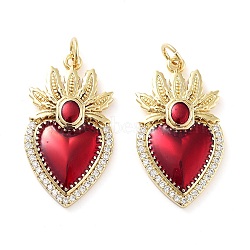 Rack Plating Brass Micro Pave Clear Grade AAA Cubic Zirconia Pendants, with Enamel and Jump Ring, Long-Lasting Plated, Cadmium Free & Lead Free, Sacred Heart, Real 18K Gold Plated, 27x15.5x4mm, Hole: 3mm(KK-M280-10C-G)