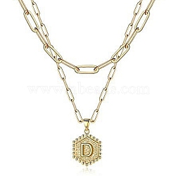 Real 18K Gold Plated Stainless Steel Paperclip Chains Double Layer Necklaces, Hexagon with Initial Letter Pendant Necklace, Letter D, 14.17 inch(36cm)(AN1969-2)