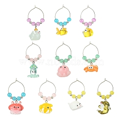 Ocean Theme Resin Wine Glass Charms, with Glass Beads and Brass Wine Glass Charm Rings, Mixed Shapes, Mixed Color, 44~55mm(AJEW-JO00243)