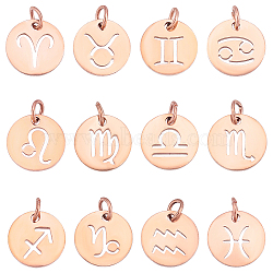 304 Stainless Steel Charms, Flat Round with Constellation/Zodiac Sign, 12 Constellations, 12x1mm, Hole: 3mm, 12constellations, 1pc/constellation, 12pcs/box(STAS-UN0017-18RG)