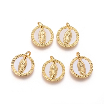 Brass Pendants, with Shell and Jump Rings, Flat Round with Virgin Mary, Golden, 14x2.5mm, Hole: 3mm
