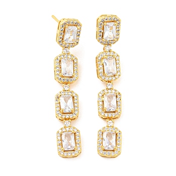 Rack Plating Brass Cubic Zirconia Rectangle Dangle Stud Earrings, Long-Lasting Plated, Lead Free & Cadmium Free, Real 18K Gold Plated, 49x8mm