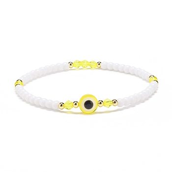 Resin Evil Eye & Acrylic Beaded Stretch Bracelet for Women, Yellow, Inner Diameter: 2-1/8 inch(5.5cm)