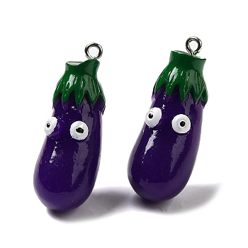 Cartoon Opaque Resin Vegetable Pendants, Funny Eye Eggplant Charms with Platinum Plated Iron Loops, Purple, 37x14.5x15.5mm, Hole: 2mm