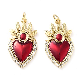 Rack Plating Brass Micro Pave Clear Grade AAA Cubic Zirconia Pendants, with Enamel and Jump Ring, Long-Lasting Plated, Cadmium Free & Lead Free, Sacred Heart, Real 18K Gold Plated, 27x15.5x4mm, Hole: 3mm