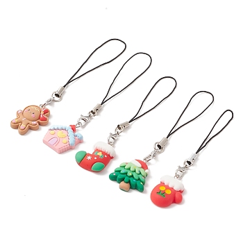 Christmas Opaque Resin Mobile Straps, with Alloy Lobster Claw Clasps and Nylon Cord Mobile Accessories Decoration, Mixed Shapes, 0.9~0.11cm