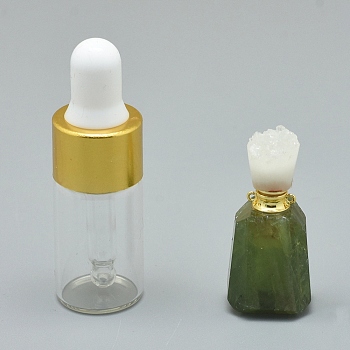 Faceted Natural Prehnite Openable Perfume Bottle Pendants, with Brass Findings and Glass Essential Oil Bottles, 30~40x14~18x11~14mm, Hole: 0.8mm, Glass Bottle Capacity: 3ml(0.101 fl. oz), Gemstone Capacity: 1ml(0.03 fl. oz)