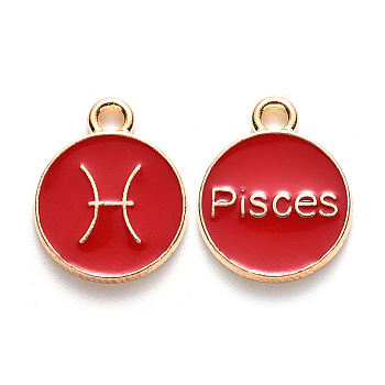Alloy Enamel Pendants, Cadmium Free & Lead Free, Flat Round with Constellation, Light Gold, Red, Pisces, 22x18x2mm, Hole: 1.5mm