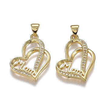 Brass Micro Pave Clear Cubic Zirconia Pendants, with Snap on Bails, for Mother's Day, Long-Lasting Plated, Heart with Word Mom, Real 18K Gold Plated, 25.5x18x1.5mm, Hole: 5mm
