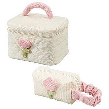 WADORN 2Pcs 2 Style Portable Cute Corduroy Makeup Bag, Travel Cosmetic Organizer Bag with Tulips Pattern, for Women Girls, Old Lace, 13~18.5x25~27.5x8.5~15.5mm, 1pc/style