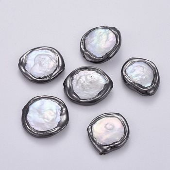 Natural Cultured Freshwater Pearl Beads, Covered with Brass, Gunmetal Plated, 20~23x15~19x3~6mm, Hole: 0.6mm