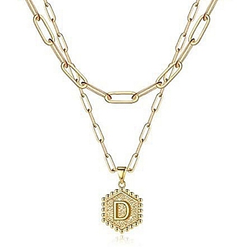Real 18K Gold Plated Stainless Steel Paperclip Chains Double Layer Necklaces, Hexagon with Initial Letter Pendant Necklace, Letter D, 14.17 inch(36cm)