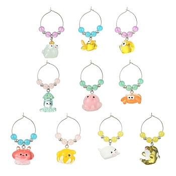 Ocean Theme Resin Wine Glass Charms, with Glass Beads and Brass Wine Glass Charm Rings, Mixed Shapes, Mixed Color, 44~55mm