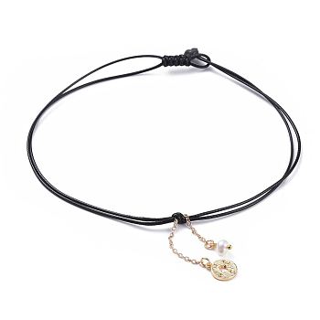 Pendant Necklaces, with Eco-Friendly Korean Waxed Polyester Cord, Grade A Pearl Beads and Brass Findings, Compass, Real 18K Gold Plated, 12.5~13 inch(32~33cm) long, 2mm