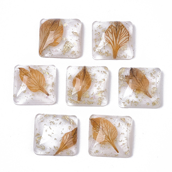 Epoxy Resin Cabochons, with Gold Foil and Real Leaf Dried Inside, Square, Orange, 15.5x15.5x6mm