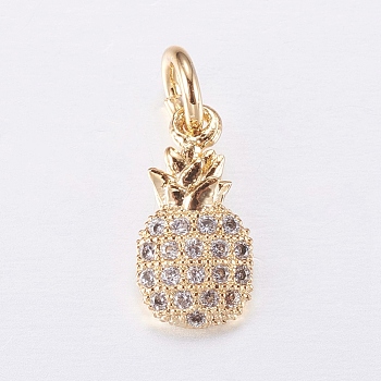 Brass Micro Pave Cubic Zirconia Charms, Pineapple, Golden, 12x6x2.5mm, Hole: 3mm