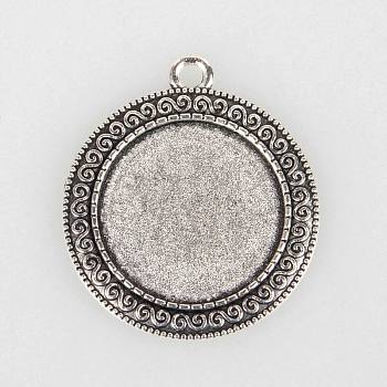 Tibetan Style Alloy Pendant Cabochon Settings, Cadmium Free & Lead Free, Flat Round, Antique Silver, Tray: 25mm, 40x35x2mm, Hole: 3mm, about 150pcs/kg