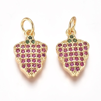 Brass Micro Pave Cubic Zirconia Charms, with Jump Rings, Strawberry, Magenta, Golden, 13x8x3mm, Hole: 3mm