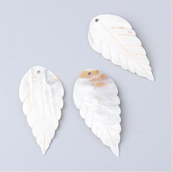 Freshwater Shell Big Pendants, Leaf, Floral White, 69.5~73x34~35x3~4mm, Hole: 3mm