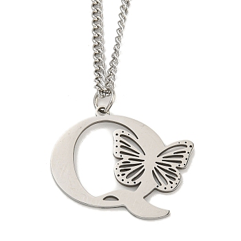 201 Stainless Steel Necklaces, Letter Q, 23.74 inch(60.3cm) p: 29x35x1.3mm