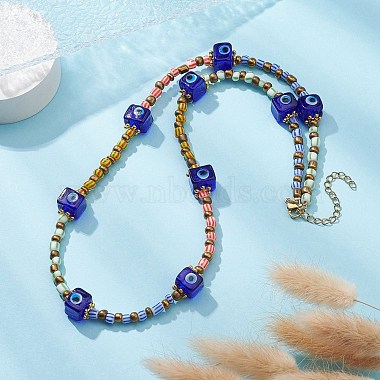 Evil Eye Lampwork & Glass Seed Beaded Necklace for Women(NJEW-JN04390)-3
