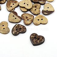 Coconut Buttons, 2-Hole, Heart, Coconut Brown, 17x20x4mm, Hole: 1.5mm(COCO-I002-059)
