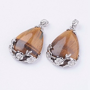 Teardrop with Flower Platinum Plated Brass Natural Tiger Eye Pendants, Cadmium Free & Lead Free, 38x27x9mm, Hole: 4x7.5mm(G-F228-37E-RS)