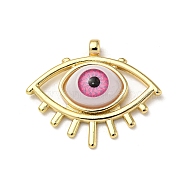 Real 18K Gold Plated Brass Pendants, with Acrylic, Evil Eye Charms, Deep Pink, 26x31x7mm, Hole: 2.5mm(KK-L209-004G-03)