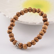 Round Wood Beaded Stretch Bracelets, with Tibetan Style Alloy Tube Bails, Antique Silver, BurlyWood, 54mm(BJEW-JB02170)