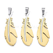 Ion Plating(IP) 201 Stainless Steel Pendants, Laser Cut, Feather, Light Gold, 49x17.5x1mm, Hole: 4x7.5mm(STAS-T044-283LG)