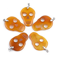 Halloween Themed Natural Agate Big Pendants, with Platinum Plated Brass Pinch Bail, Dyed, Skull, Orange, 50~53x35~36x5~6mm, Hole: 6.5x4mm(G-S359-181A)