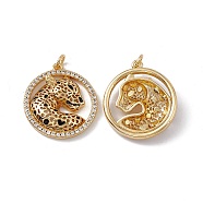 Brass Micro Pave Cubic Zirconia Pendants, with Jump Ring, Flat Round with Leopard/Cheetah Charm, Real 18K Gold Plated, 23.5x21x5mm, Hole: 3mm(KK-B061-13G)