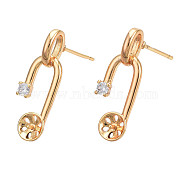 Brass Stud Earring Findings, for Half Drilled Beads, with Clear Cubic Zirconia, Cadmium Free & Nickel Free & Lead Free, Oval, Real 18K Gold Plated, 22x8mm, Pin: 0.8mm and 0.7mm(for half drilled bead)(KK-N232-340)