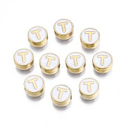 Alloy Enamel Beads, Cadmium Free & Lead Free, Light Gold, Flat Round with Alphabet, White, Letter.T, 8x4mm, Hole: 1.5mm(ENAM-N052-006-01T-RS)