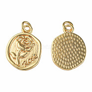 Brass Pendants, with Jump Rings, Nickel Free, Flat Round with Rose & Word Rose, Real 18K Gold Plated, 21x15x2mm, Jump Ring: 5x1mm, 3mm inner diameter(KK-N233-240)