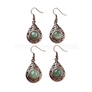 Natural Green Aventurine Teardrop Dangle Earrings, Red Copper Plated Hollow Brass Earrings for Women, 46.5x19.5mm(EJEW-B055-02R-24)