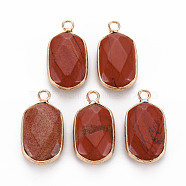 Natural Red Jasper Pendants, with Golden Plated Brass Edge and Loop, Faceted, Oval, 24x12.5x5.5mm, Hole: 2.5mm(G-S359-296C)
