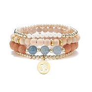 4Pcs 4 Style Natural Wood & Quartz(Dyed) & Shell Pearl Stretch Bracelets, 304 Stainless Steel Yoga Symbol Charm Stackable Bracelets for Women, Inner Diameter: 2-1/8~2-3/8 inch(5.35~5.9cm), 1Pc/style(BJEW-JB08822)