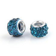 Polymer Clay Rhinestone European Beads, Large Hole Beads, Rondelle, with Silver Color Plated Brass Cores, Blue Zircon, 10~12x7~8mm, Hole: 5mm, Rhinestone: pp17((2.3~2.4mm)(CPDL-S007-08)