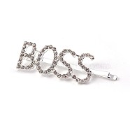 Alloy Rhinestone Hair Bobby Pins, with Iron Findings, Word BOSS, Crystal, Platinum, 61x19x7mm(PHAR-WH0005-A04)