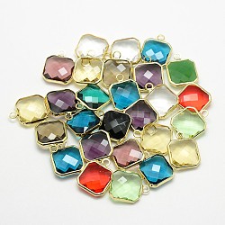 Golden Tone Brass Glass Square Pendants, Mixed Color, 16x13x5mm, Hole: 2mm(GLAA-J014A-G)