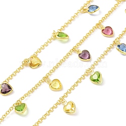 Colorful Glass Heart Charms Chains, with Rack Plating Eco-Friendly Handmade Brass Rolo Chains, Soldered, with Spool, Lead Free & Cadmium Free & Nickel Free, Real 18K Gold Plated, Link: 2x0.6mm(CHC-F844-08G)