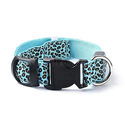 Adjustable Polyester LED Dog Collar, with Water Resistant Flashing Light and Plastic Buckle, without Battery, Leopard Print Pattern, Light Sky Blue, 355~535mm(MP-H001-A12)