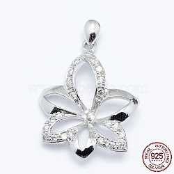 Rhodium Plated Sterling Silver Cubic Zirconia Pendant Pinch Bails, For Half Drilled Beads, with 925 Stamp, Flower, Platinum, 28x22x5mm, Hole: 2x4mm, Pin: 1mm(STER-G028-197P)