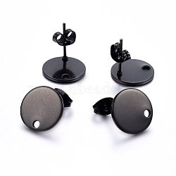 304 Stainless Steel Stud Earring Findings, with Loop and Flat Plate, Flat Round, Electrophoresis Black, 12x1mm, Hole: 1.6mm(X-STAS-K184-01-03B)