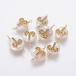 Natural Pearl Links connectors, with Brass Micro Pave Cubic Zirconia Findings, Flat Round with Constellation, Golden, Marine Blue, Aries, 20~26x9~17x5~11mm, Hole: 1.6mm(PEAR-F012-03G-B)