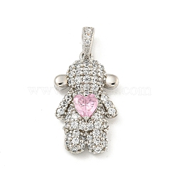 Rack Plating Brass Micro Pave Clear Cubic Zirconia Pendants, Long-Lasting Plated, Cadmium Free & Lead Free, Girl with Hear, Platinum, 22.5x12.5x6.5mm, Hole: 5x2.5mm(KK-P277-37P)