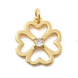 Brass Micro Pave Cubic Zirconia Pendants, Clover Charms, Real 18K Gold Plated, with Jump Ring, Clear, 18x16x3mm, Hole: 3mm(KK-L209-080G)