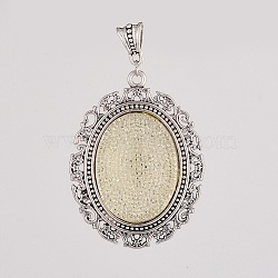 Alloy Resin Pendants, Oval with Flower, Antique Silver, 63.5x48x10mm, Hole: 5x7.5mm(PALLOY-E556-21AS)